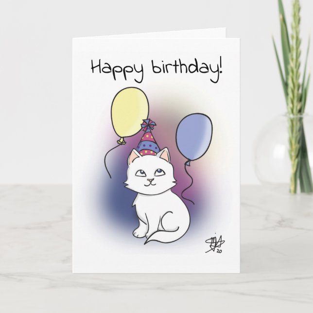 Tarjeta Gato Personalizado blanco con globos Feliz cumplea (Anverso)