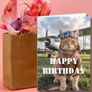 Tarjeta Gato piloto de cumpleaños Foto y avión divertido a