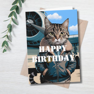 Tarjeta Gato Piloto Divertido & Avión, Cumpleaños de Aviac