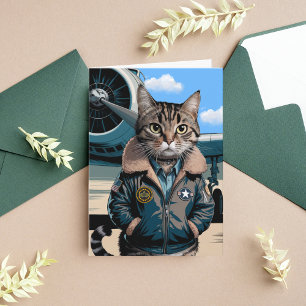 Tarjeta Gato Piloto Divertido & Avión, Cumpleaños de Aviac