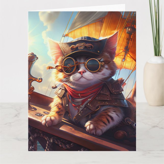 Tarjeta Gato pirata de Steampunk (Anverso)