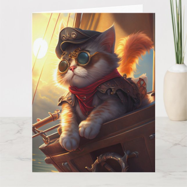 Tarjeta Gato pirata velero Steampunk (Anverso)