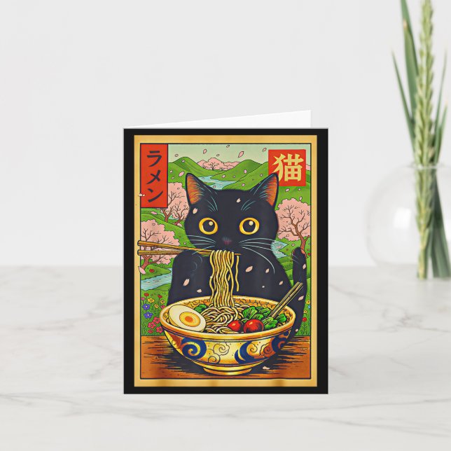 Tarjeta Gato Ramen Lindo Naturaleza Flores Fideos Anime  (Anverso)