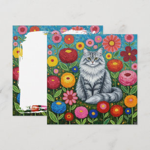 Tarjeta Gato rayado de color gris con flores de arte folcl