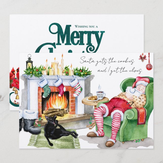 Tarjeta Gato recibe el saludo de los Elves Navidades de Sa (Anverso / Reverso)