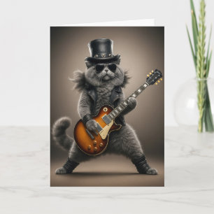 Tarjeta Gato Rockstar Tocando Guitarra Eléctrica en Cuero