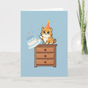 Tarjeta Gato Rojo Divertido Empujando Tarta de Cumpleaños,