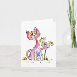Tarjeta Gato rosa caprichoso lindo con flores amarillas