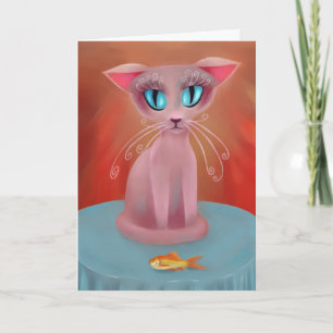 Tarjeta Gato rosa con pez de colores en una mesa azul