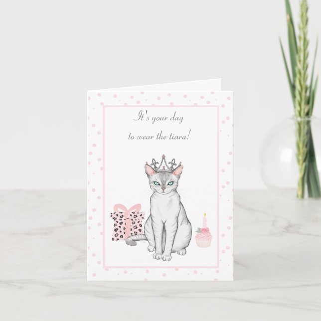 Tarjeta Gato rosa y gris bonito en cumpleaños de Tiara (Anverso)