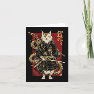 Tarjeta Gato samurai con kanji japonés dragón