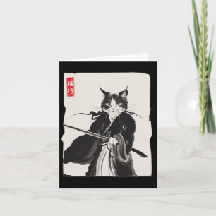 Tarjeta Gato Samurai Guerrero Arte Ink Gracioso Estilo Jap