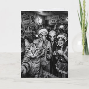 Tarjeta Gato Selfie Bigfoot Alien Elfo Bar Navidad