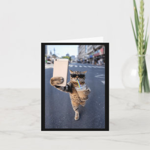 Tarjeta Gato selfie con café helado divertido meme de gato