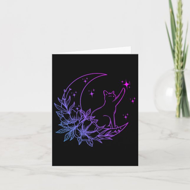 Tarjeta Gato Sentado En Flores De Luna Creciente Estrellas (Anverso)
