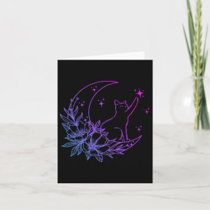 Tarjeta Gato Sentado En Flores De Luna Creciente Estrellas