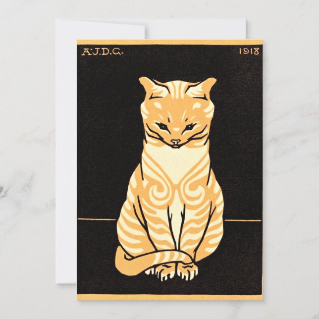 Tarjeta Gato sentado, ilustracion Art Nouveau (Anverso)