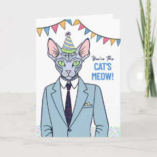 Tarjeta Gato Sfinx de cumpleaños vestido con traje de gato