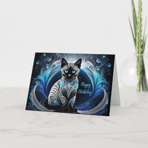 Tarjeta Gato siamés, abstracto azul y blanco Cumpleaños