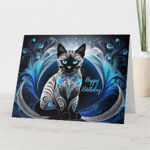 Tarjeta Gato siamés, abstracto azul y blanco Cumpleaños
