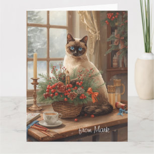 Tarjeta Gato siamés arreglando flores invierno Navidad