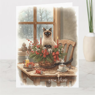 Tarjeta Gato siamés arreglando flores invierno Navidad