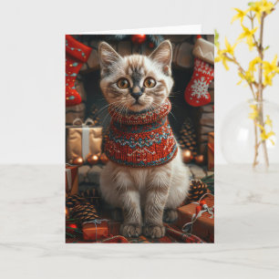 Tarjeta Gato Siamés Con Chimenea De Regalos Navidades