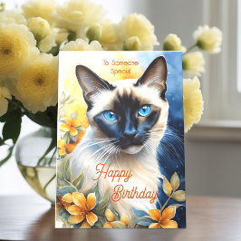 Tarjeta Gato siamés con flores Naranjas amarillas Cumpleañ