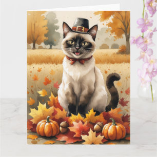 Tarjeta Gato siamés en otoño deja arte de Acción de Gracia