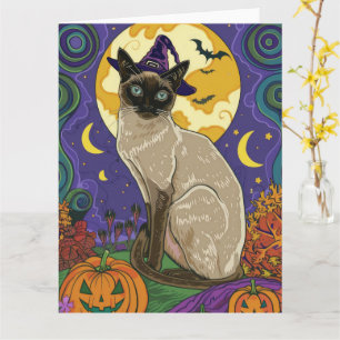 Tarjeta Gato siamés espeluznante, bruja de Halloween y cal