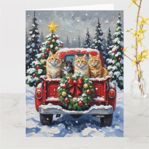 Tarjeta Gato Siberiano Camión Rojo Navidad Fiesta