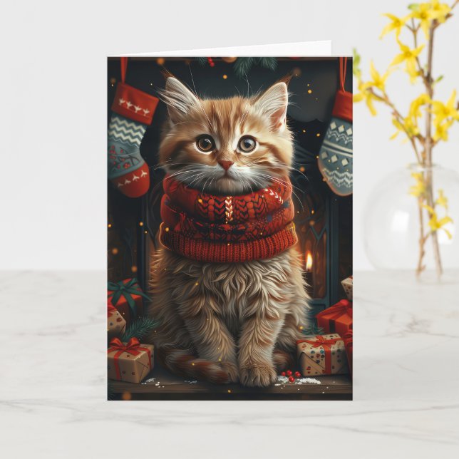 Tarjeta Gato Siberiano Con Chimenea De Regalos Navidades (flor amarilla)