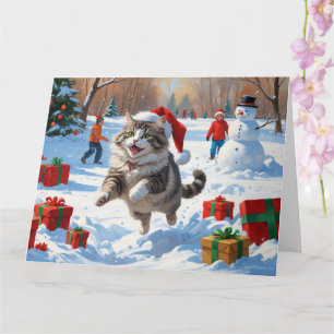 Tarjeta Gato siberiano corriendo en nieve con Gorra Navida
