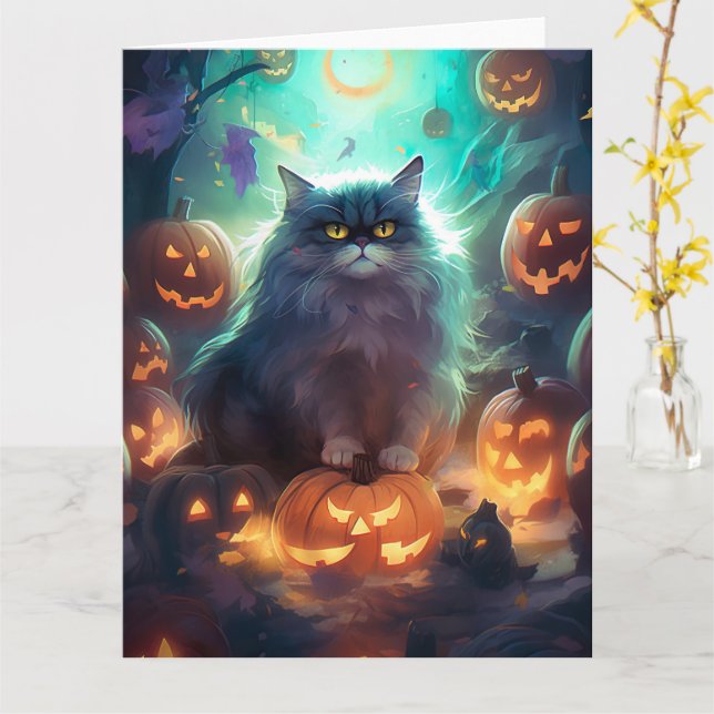 Tarjeta Gato siberiano de Halloween con calabazas aterrado (flor amarilla)