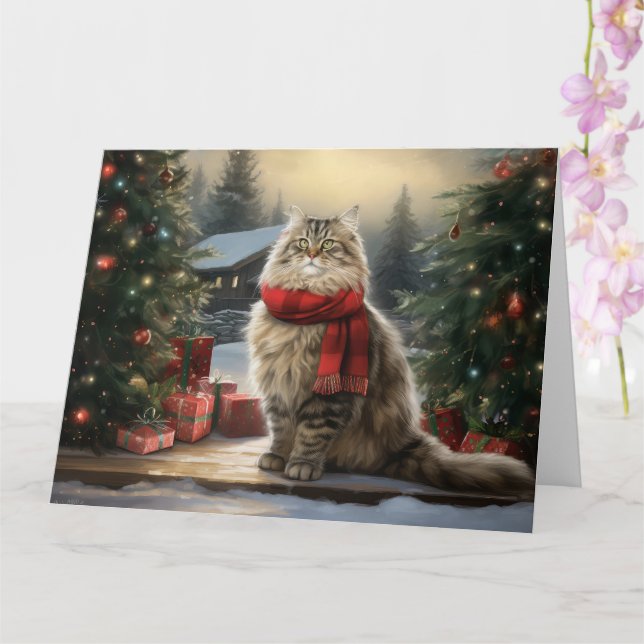 Tarjeta Gato siberiano en Navidades de nieve (Orquídea)