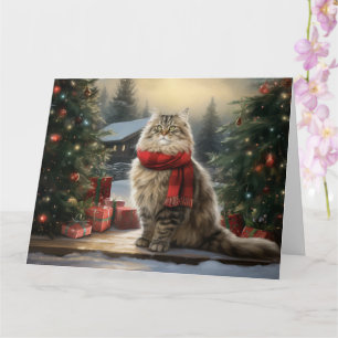 Tarjeta Gato siberiano en Navidades de nieve