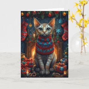 Tarjeta Gato Sphynx con regalos de Navidad Chimenea