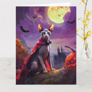 Tarjeta Gato Sphynx de Halloween Calabazas de vampiro Espa