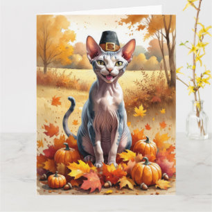 Tarjeta Gato Sphynx  En Hojas de Otoño Arte de Acción de G
