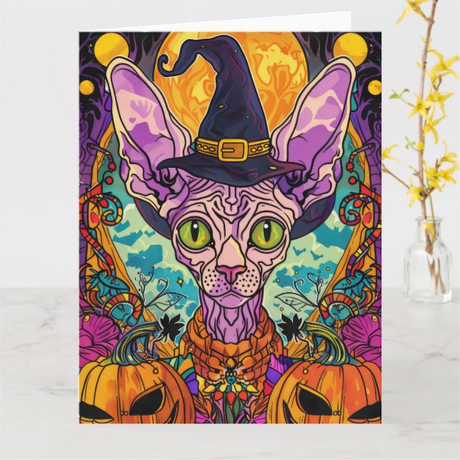 Tarjeta Gato Sphynx Espeluznante Bruja de Halloween y Cala (flor amarilla)