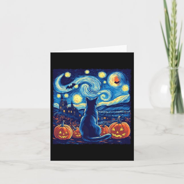 Tarjeta Gato Starry Night Van Gogh Cat Amantes Bats Pumpki (Anverso)