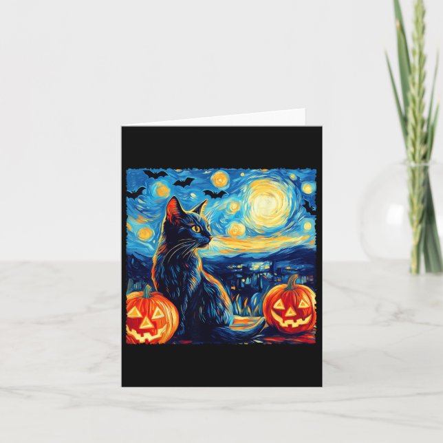 Tarjeta Gato Starry Night Van Gogh Cat Lover Bats Pumpkins (Anverso)