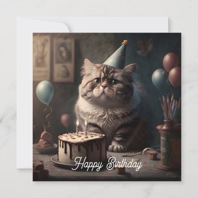 Tarjeta Gato suave con torta de cumpleaños y globos (Anverso)