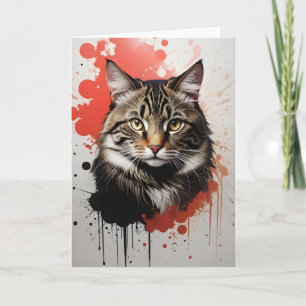 Tarjeta Gato Tabby de Acuarela Arte de Salpicaduras Rojo y