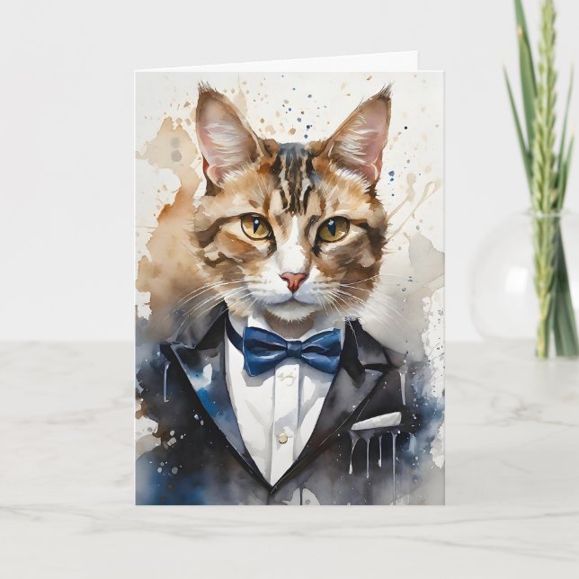 Tarjeta Gato Tabby de Acuarela con Esmoquin y Corbata Azul (Anverso)