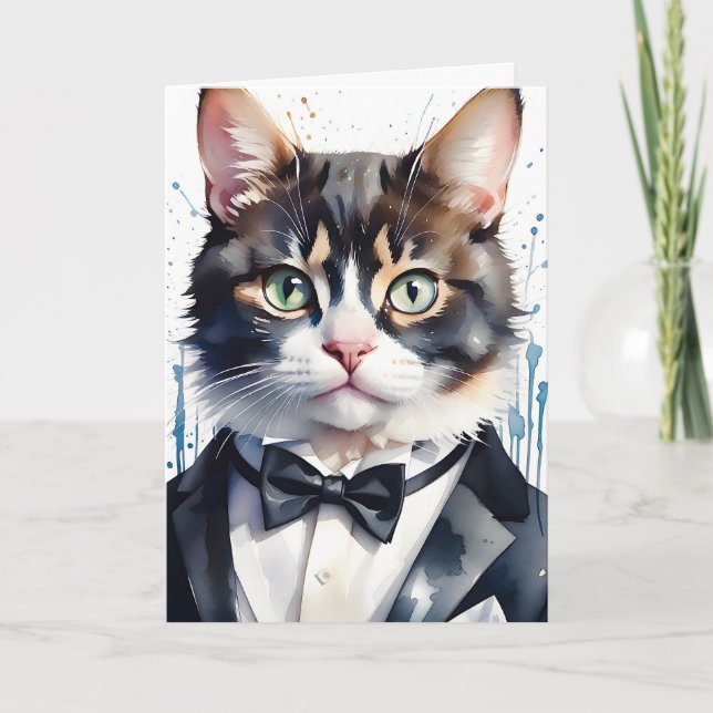 Tarjeta Gato Tabby de Acuarela con Esmoquin y Corbata de L (Anverso)