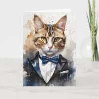 Gato Tabby de Acuarela Esmoquin y Pajarita Azul en