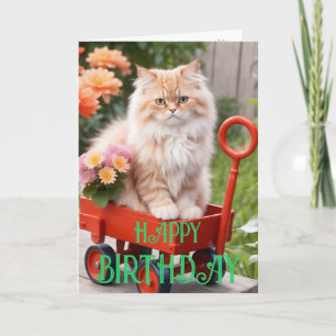 Tarjeta Gato Tabby de Crema y Jengibre en Carro Rojo Cumpl