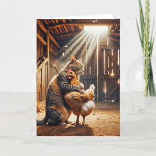Tarjeta Gato Tabby de Cumpleaños abrazando a un pollo de g