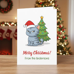 Tarjeta Gato Tabby Gris Gruñón Sombrero Rojo Árbol de Navi